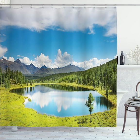 Ambesonne Nature Shower Curtain, Sky Mountain Landscape, 69"Wx75"L, Green Blue White