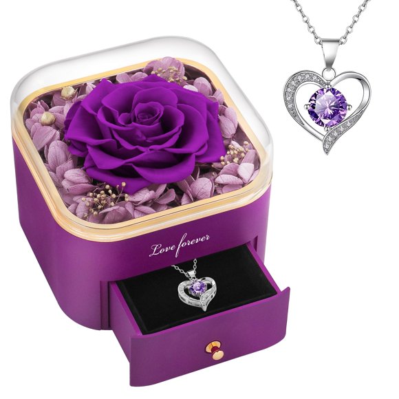 Collar Beferr con colgante de corazón y rosa morada preservados