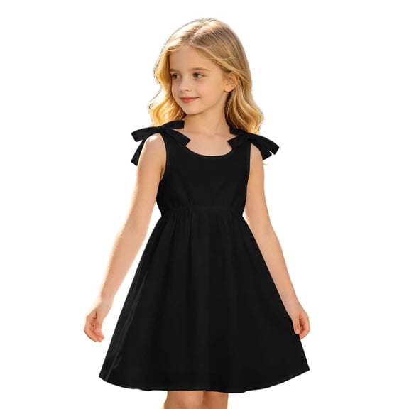 WEIWEN Girls Dresses Casual Summer Bowknot Tie Straps Sleeveless V Neck Sundress 2026 Kids Clothes Fashion Toddler Girl Dress 3-10 Years Black, 9-10 Years