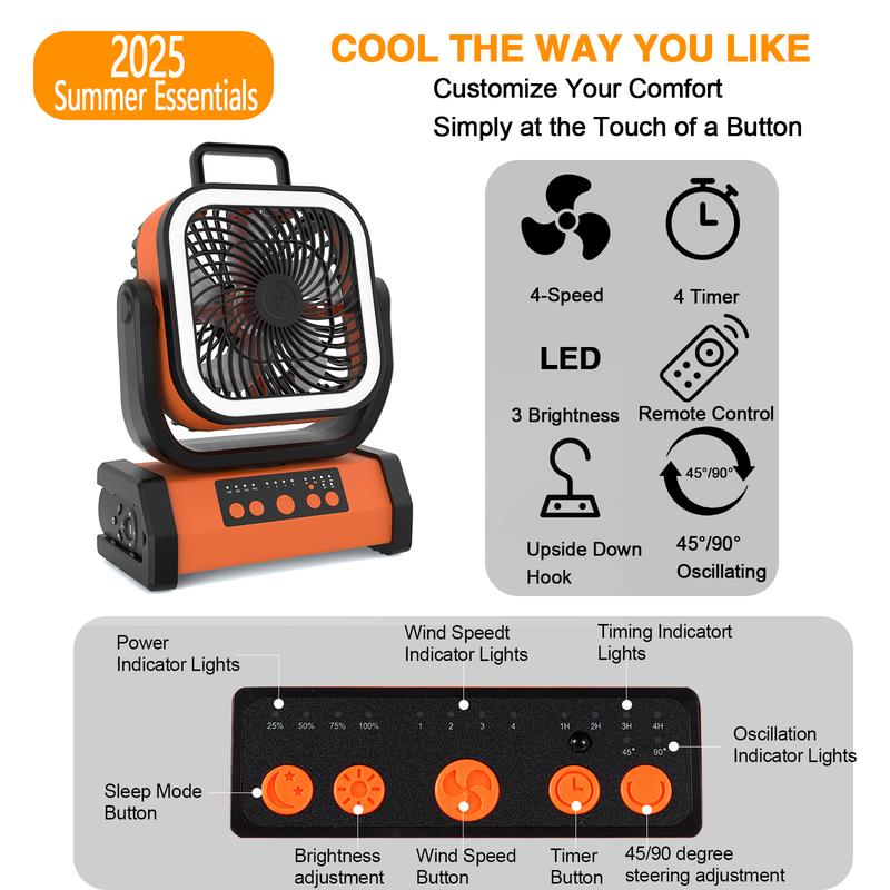 2025 Upgraded 30000mAh Camping Fan，Portable Rechargeable Fan with LED Lights and 270° Rotating Shaft, Remote Control Oscillating Table Fan for Tenting Trips and Family Multi-Purpose Outdoor