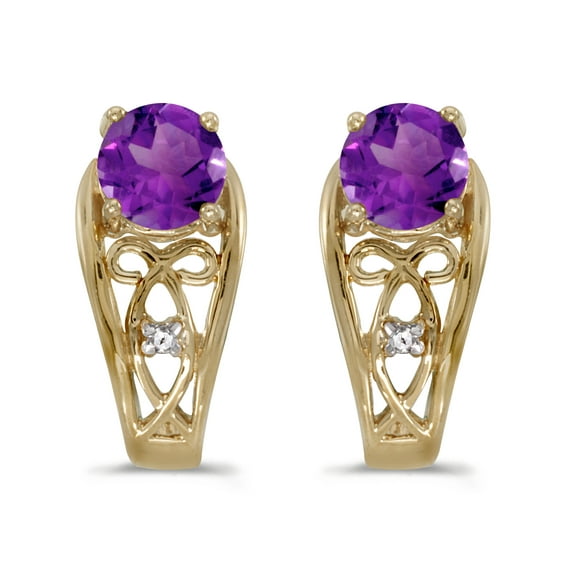 10k Yellow Gold Round Amethyst And Diamond Earrings
