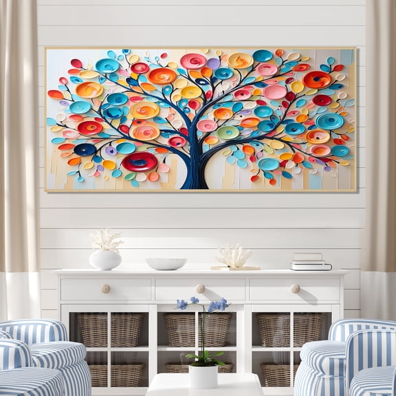 Designart "Abstract Tree in Colorful Style I" Oversized Floral Framed Wall Art - Global Multicolor Tree African Living Room Framed Canvas Art