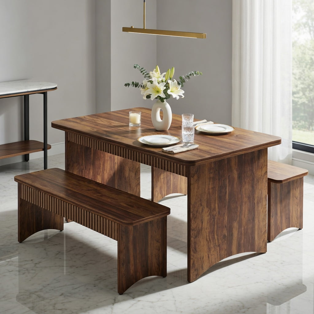 Hommoo 55 Inch Farmhouse Dining Table Set with 2 Wooden Benches, Space-Saving 3-Piece Kitchen Table for 4 to 6 People, Brown