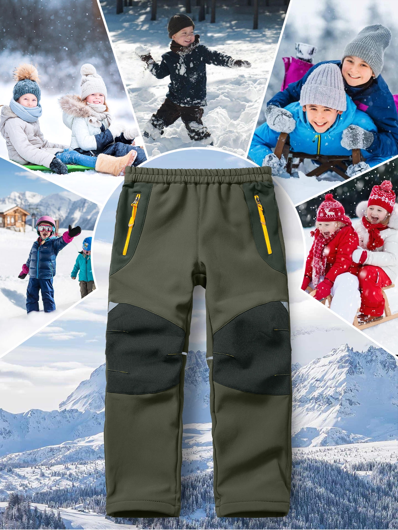 POENTAB Boys Snow Pants, Girls Kids Youth Outdoor Fleece-Lined Expandable Waist SoftShell Fishing Ski Insulated Pant Green Size 8-9