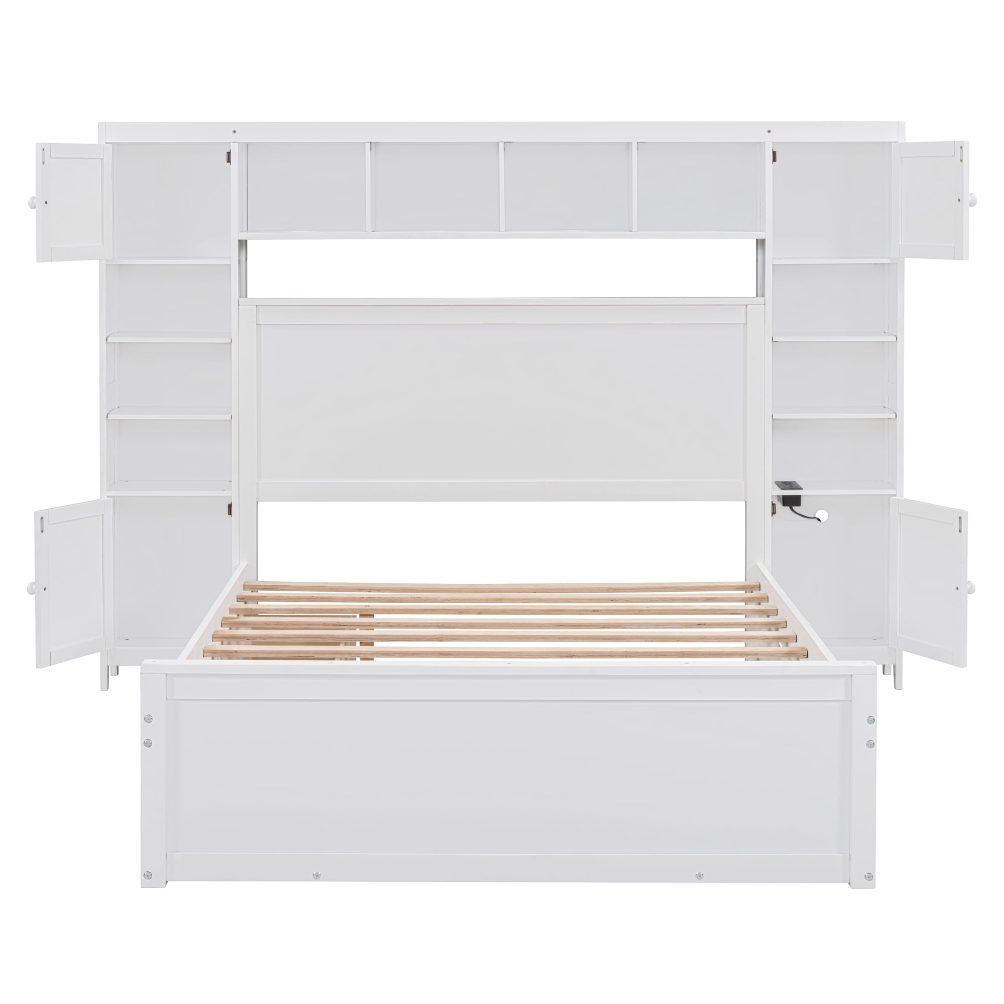 Aukfa Full Size Bed Frame with All-in-One Cabinet and Shelves, Wooden Functional Bed with Trundle and Storage Drawers, USB Ports Outlets, White