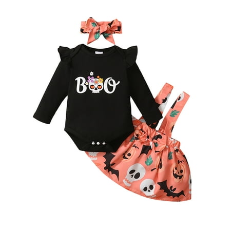 

Avamo Girls Ruffle Crew Neck 3Pcs Outfit Suit Halloween Casual Jumpsuit Top+Strap Dress+Heanband Toddler Bow Tie Home Spring Autumn Outfits Black Orange 9-12M
