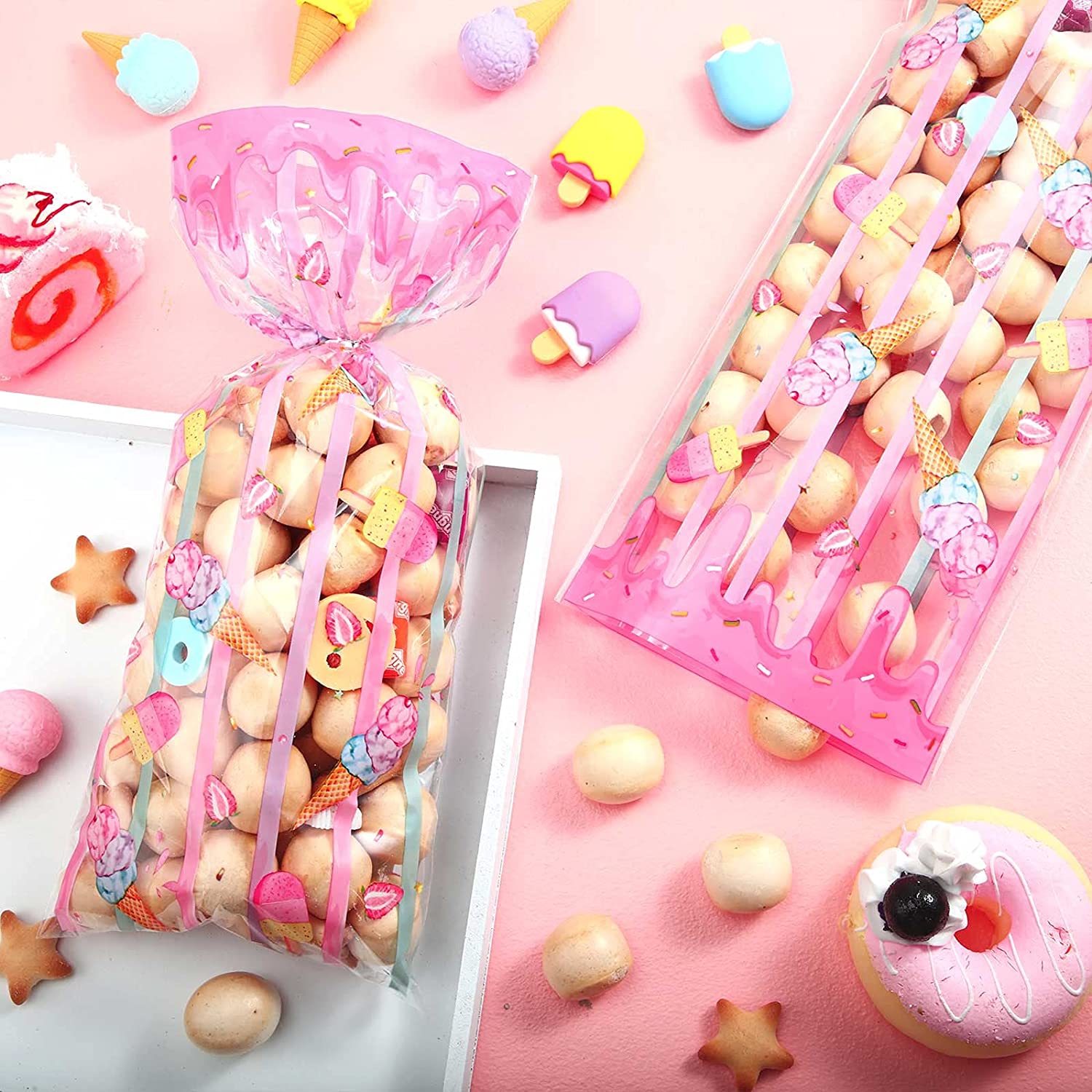 100 Pieces Ice Cream Treat Bags Cello Clear Sweet Party Favors Plastic Candy Cellophane Bags with 100 Silver Twist Ties for Kids Sweet Birthday Decorations Supplies