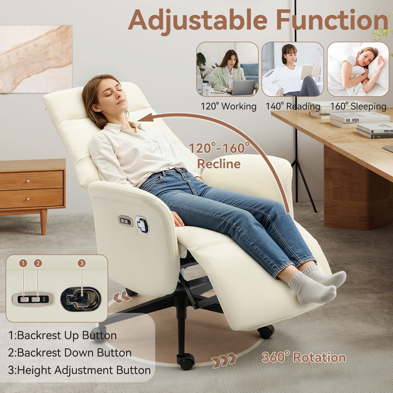 AVAWING Electric Executive Office Chair with Footrest, Ergonomic PU Leather Recliner Chair, Beige
