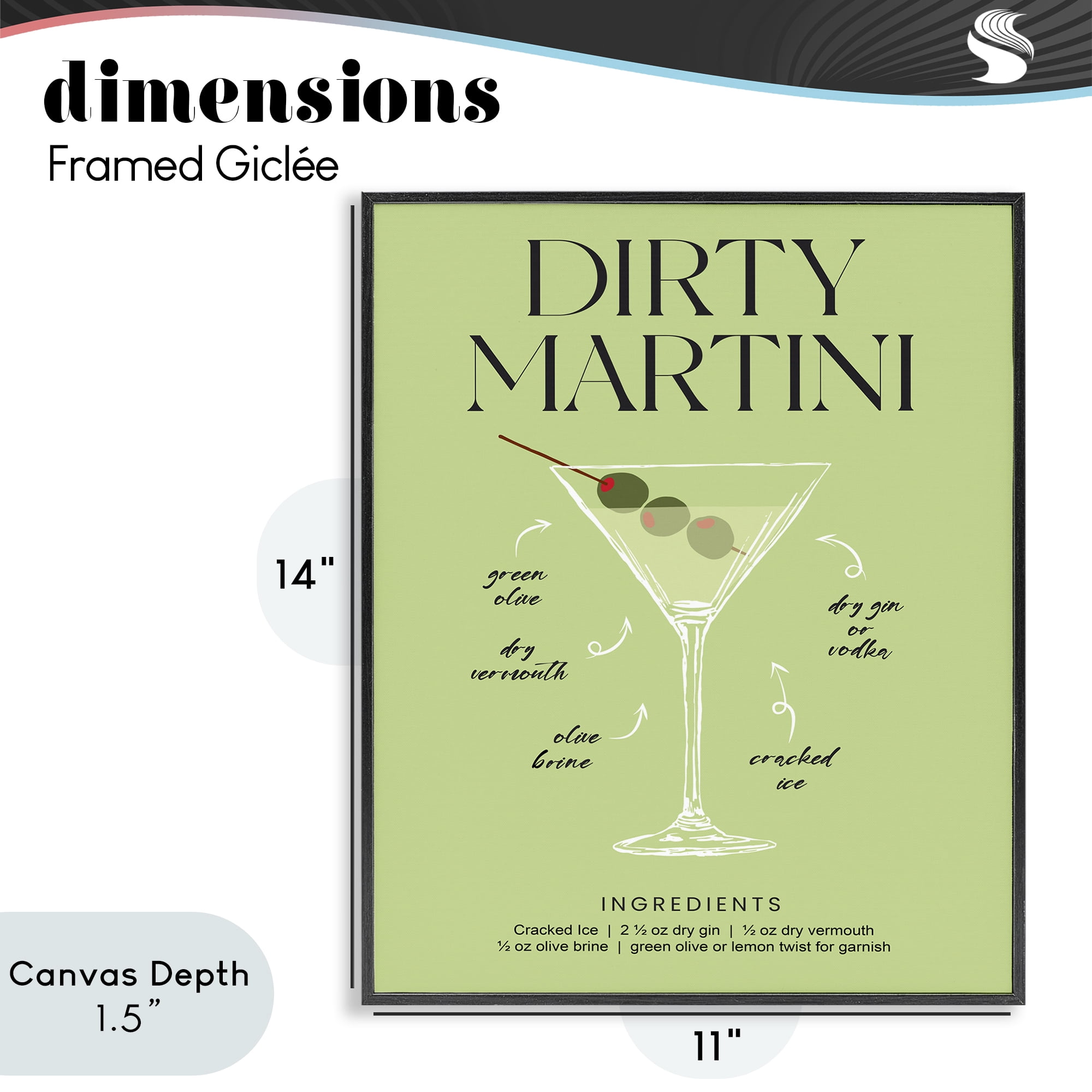 Stupell Industries Dirty Martini Green Recipe Black Framed Giclee Art, design by Lettered and Lined