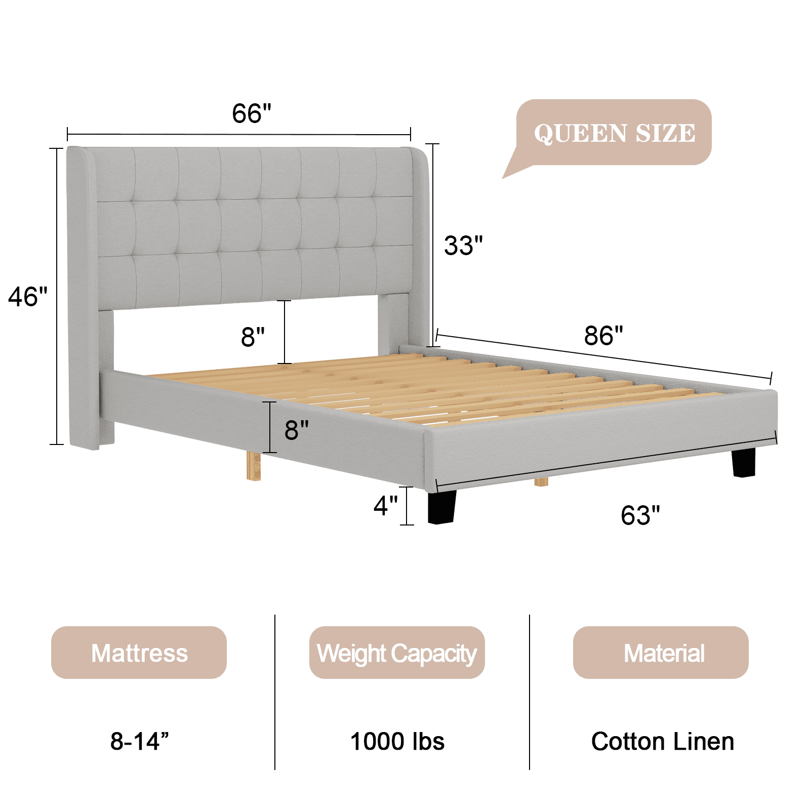 Nathaniel Home, Cotton Linen Beds, Queen Beds Frame, Tufted Upholstered Bed with Wingback, Low Profile Platform Beds, Strong Wooden Slats, Gray Adult