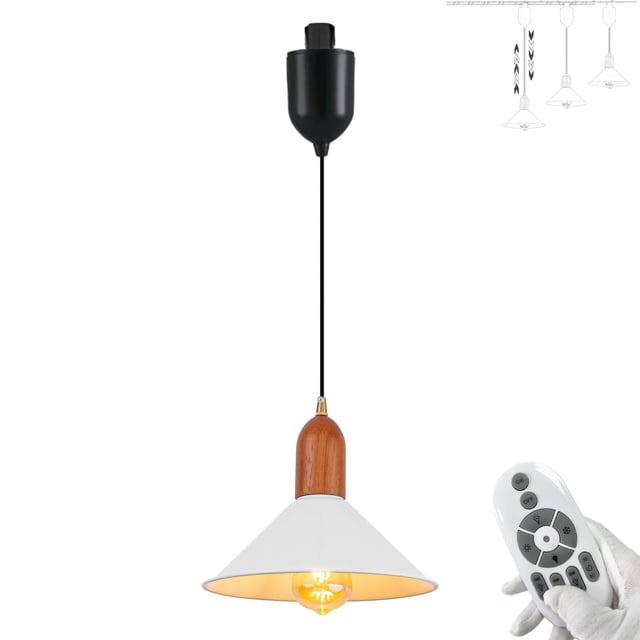 FSLiving H-Type Track Pendant Light with Remote Control,Retractable Lift with Retro 10.2" White Cone Shade and Walnut Wood Socket, Dimmable & Color Changing & Timing for Kitchen Island - 1 Light