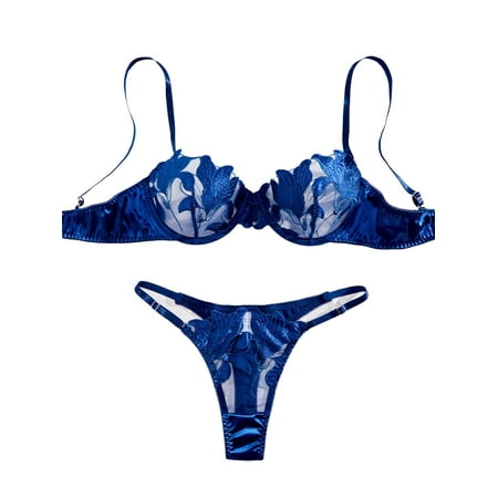 SkyAuks Lingerie for Women  Teddy Lingerie  Women s 2 Pieces Floral Embroidery Mesh Underwire Bra and Thong Lingerie Set  Lace Mesh Underwire Push up Lingerie Set  Blue(XL)