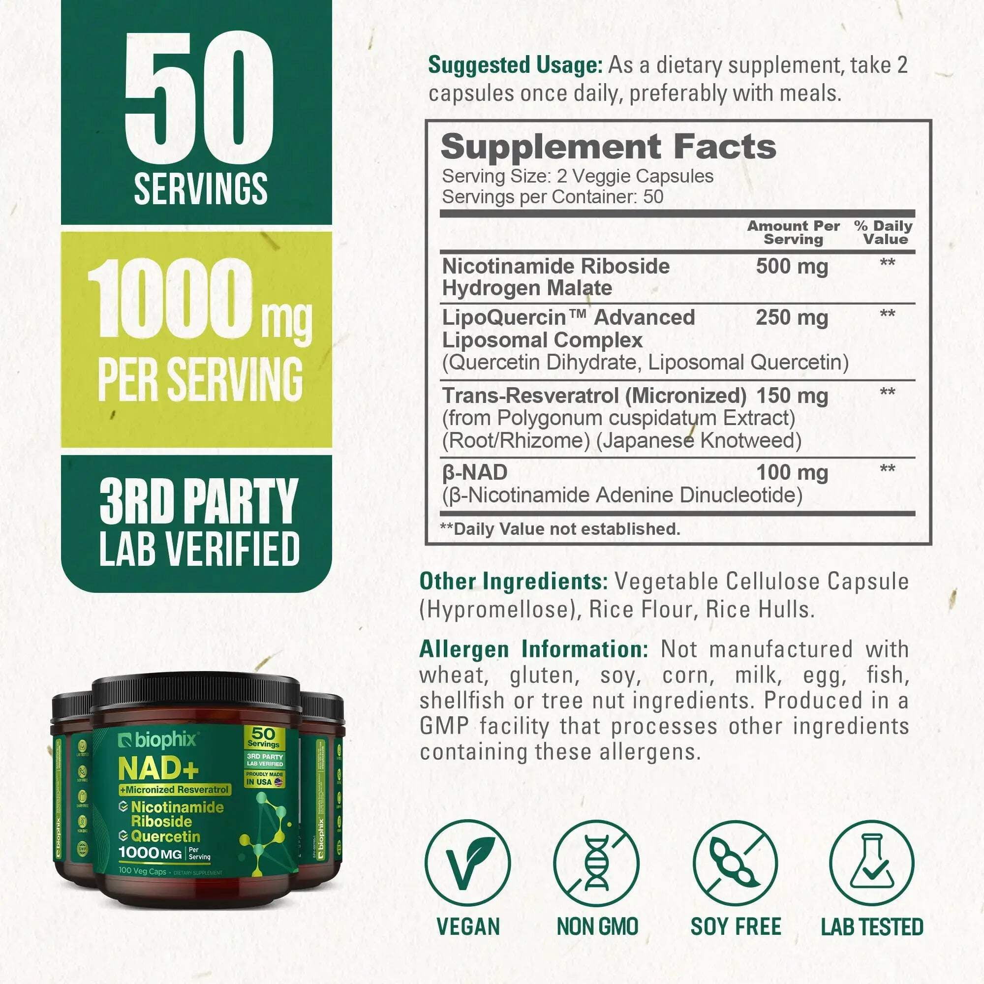 biophix NAD+ Micronized Resveratrol - Nicotinamide Riboside with Quercetin 1000mg per Serving 100 Veg Capsules