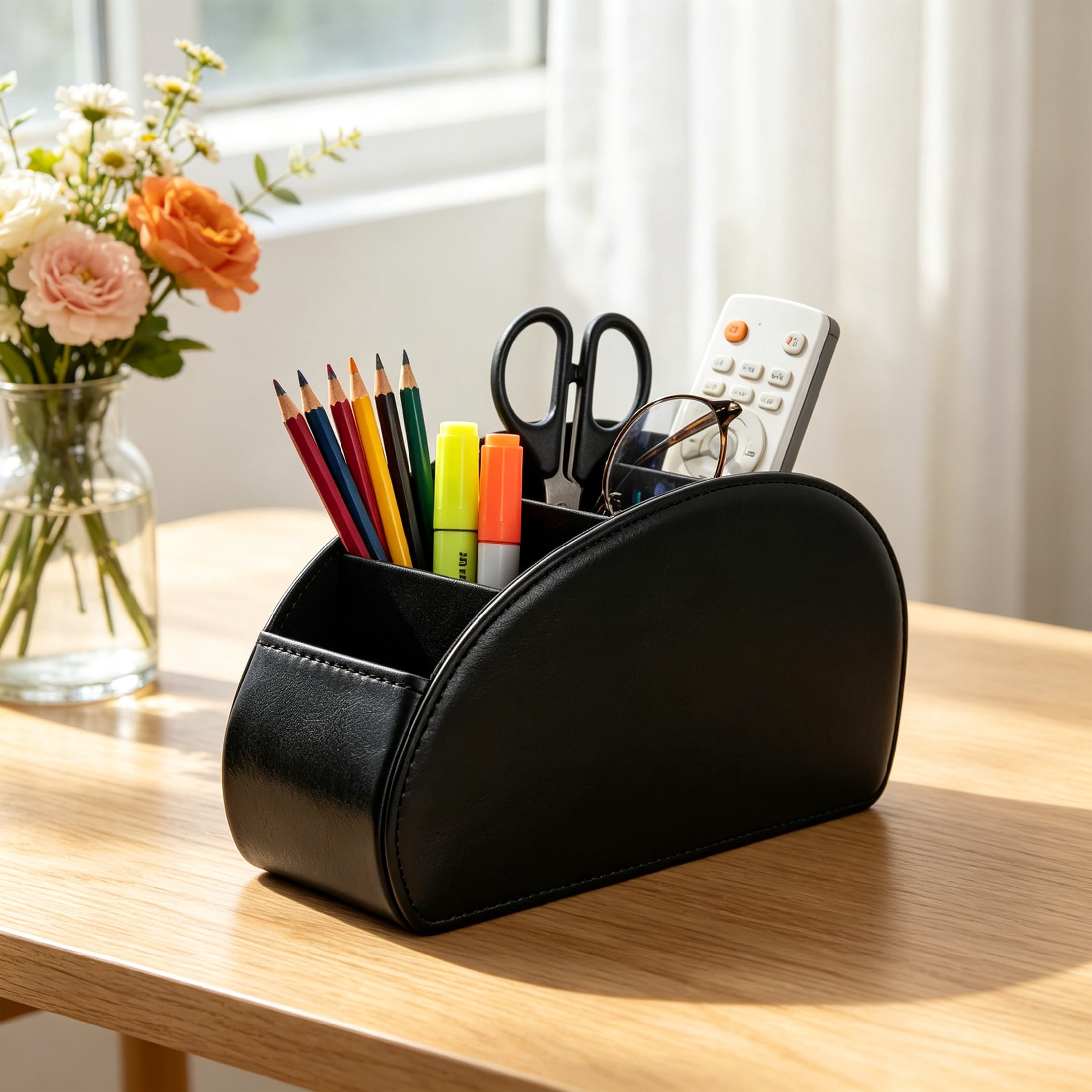 GARITIN Remote Control Holder, Multi‑Compartment PU Leather Desktop Storage Caddy
