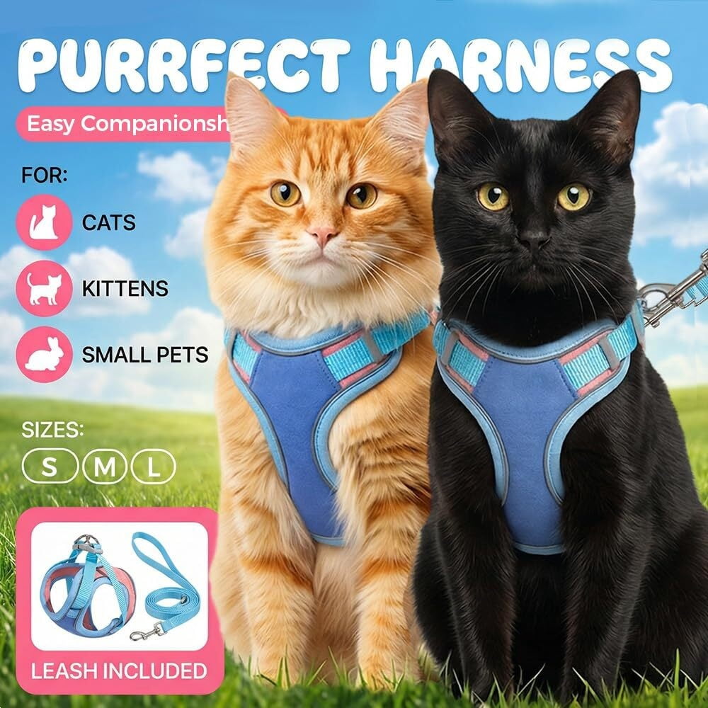 Cat Harness and Leash Set, Escape-Proof Step-In Adjustable Pet Harness for Walking Small and Medium Cats and Dogs