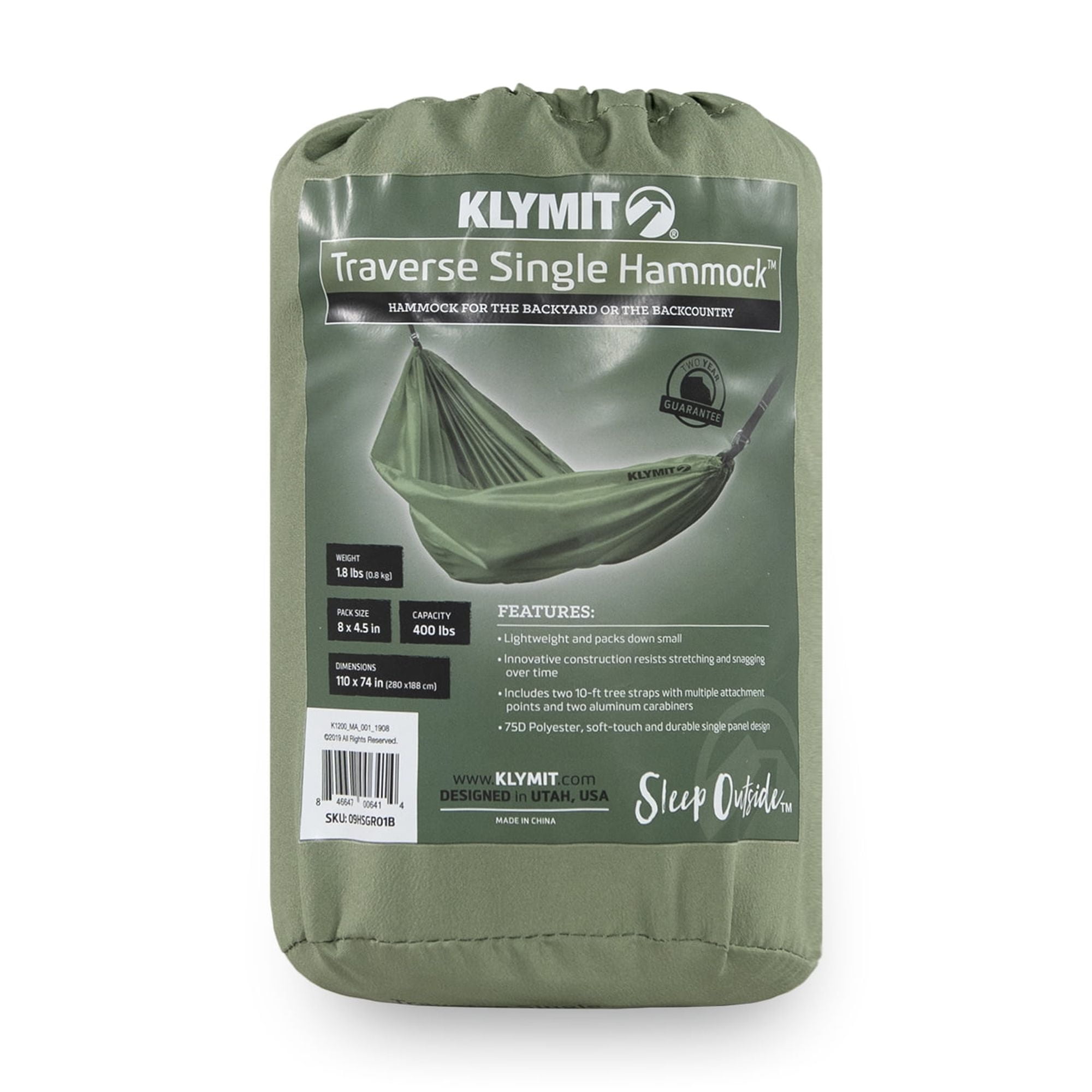 Klymit Traverse Single Outdoor Hammock, 110in x 55in, Green