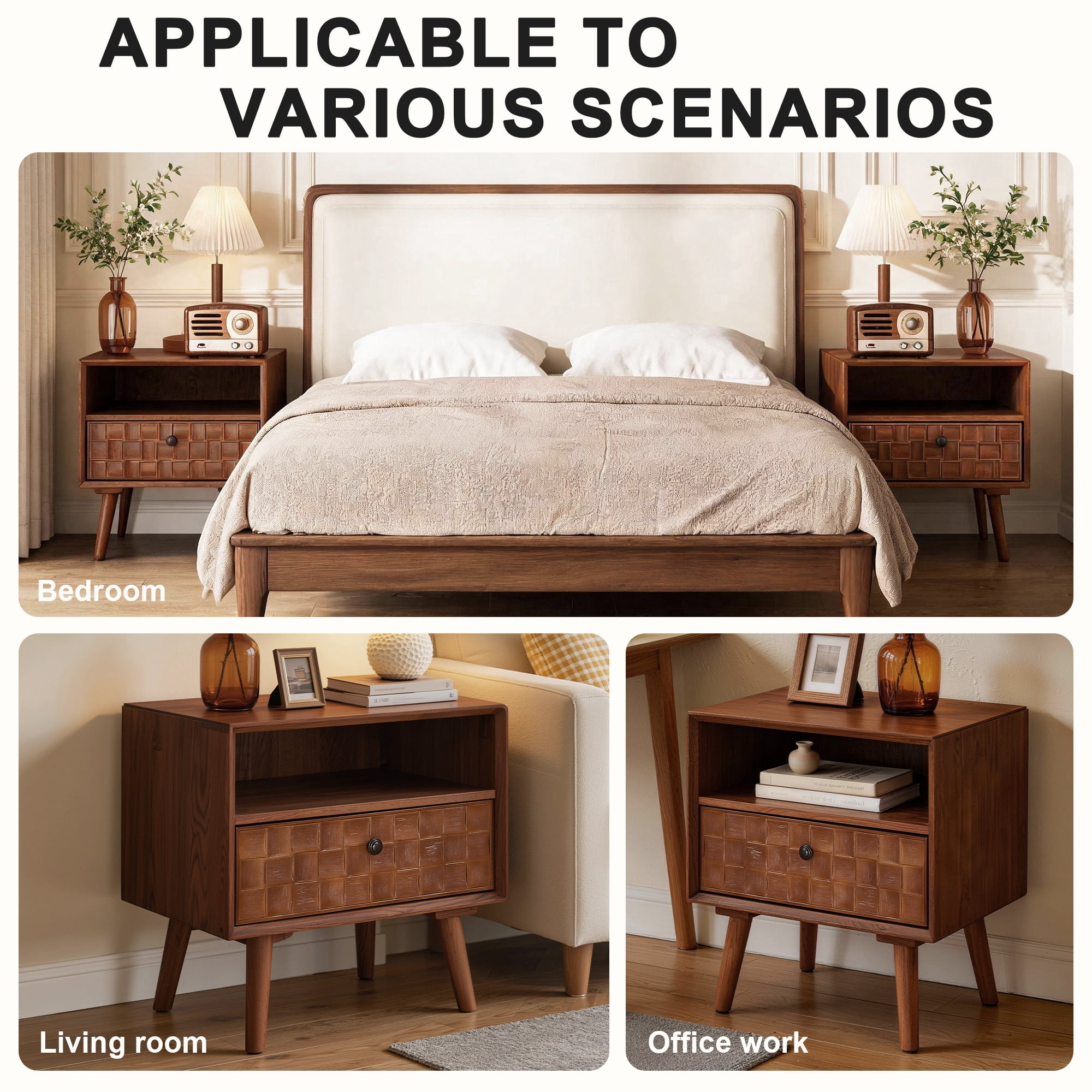 22" Wood Nightstand with Carved Geometric Drawer Front, 1 Drawer and Open Shelf, Solid Wood Legs, Bedside Table for Bedroom
