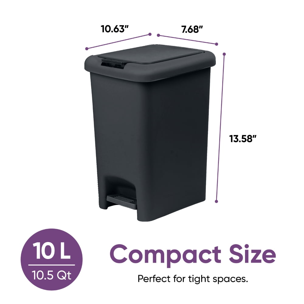Superio 10L Slim Step & Push Trash Can - Dual Opening, Compact Design (10.63"x7.68"x13.53") - Black