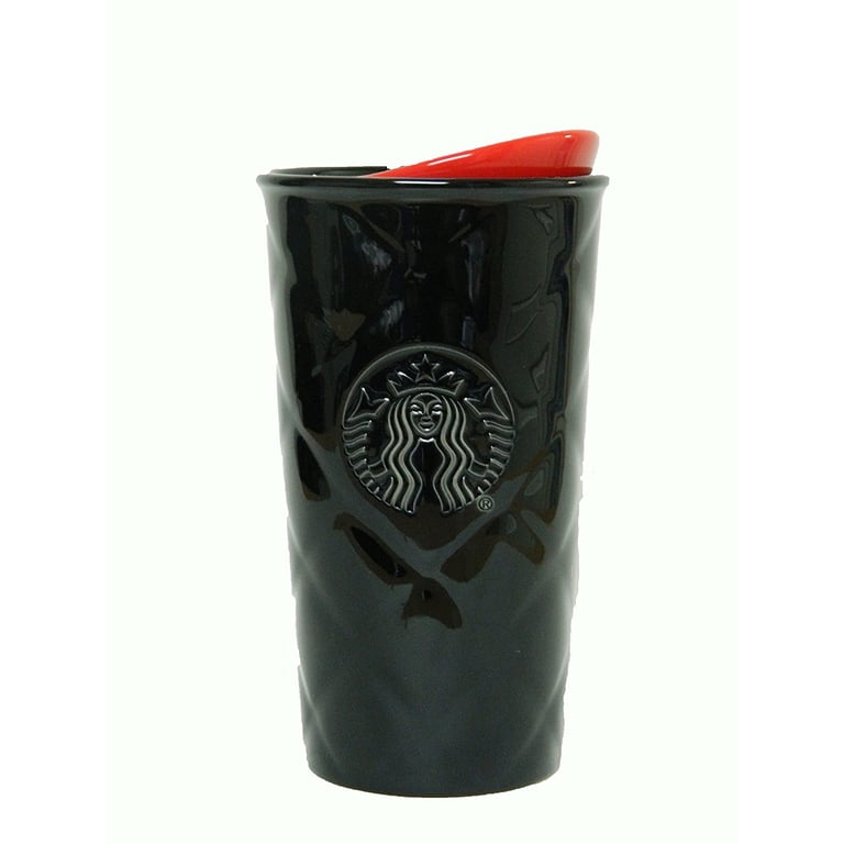 Starbucks Black Quilted Travel Mug with Red Lid 10 Oz Ceramic Tumbler