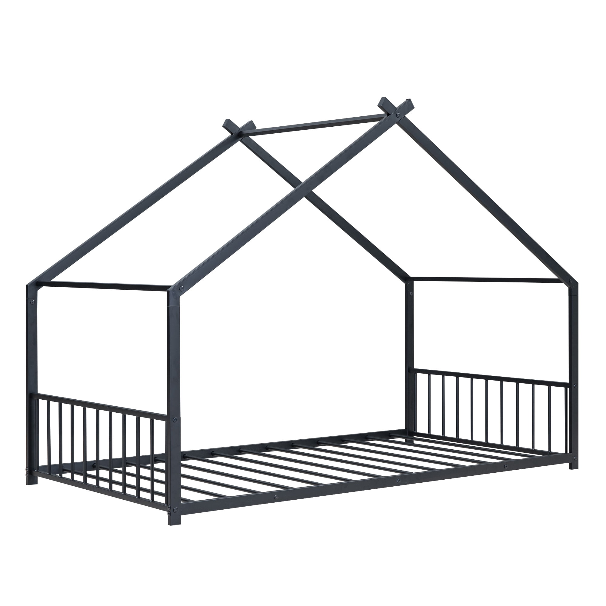 PORKISS Twin Size Floor Bed Frame, Metal Montessori Floor Bed with House Bed Featuring Roof, Modern Twin Platform Bed for Kids Boys Girls, No Box Spring Needed, Black