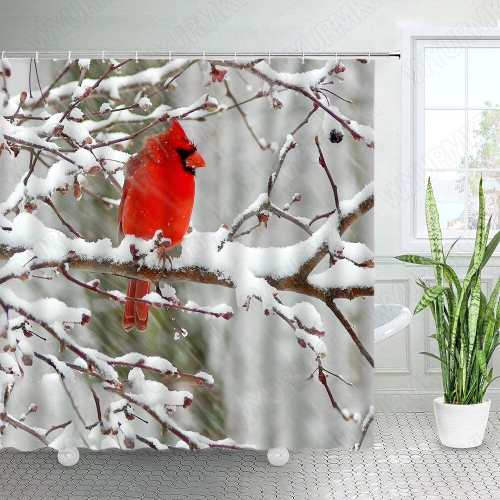 Red Birds Shower Curtains Snow Winter Berry Snow Tree Branch New Year Christmas Bath Curtain Set
