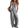 thumbnail image 3 of Two Piece Set for Women Summer Outfits Vacation Trendy Lounge Sets V Neck Matching Sets Gray-Blue S, 3 of 6