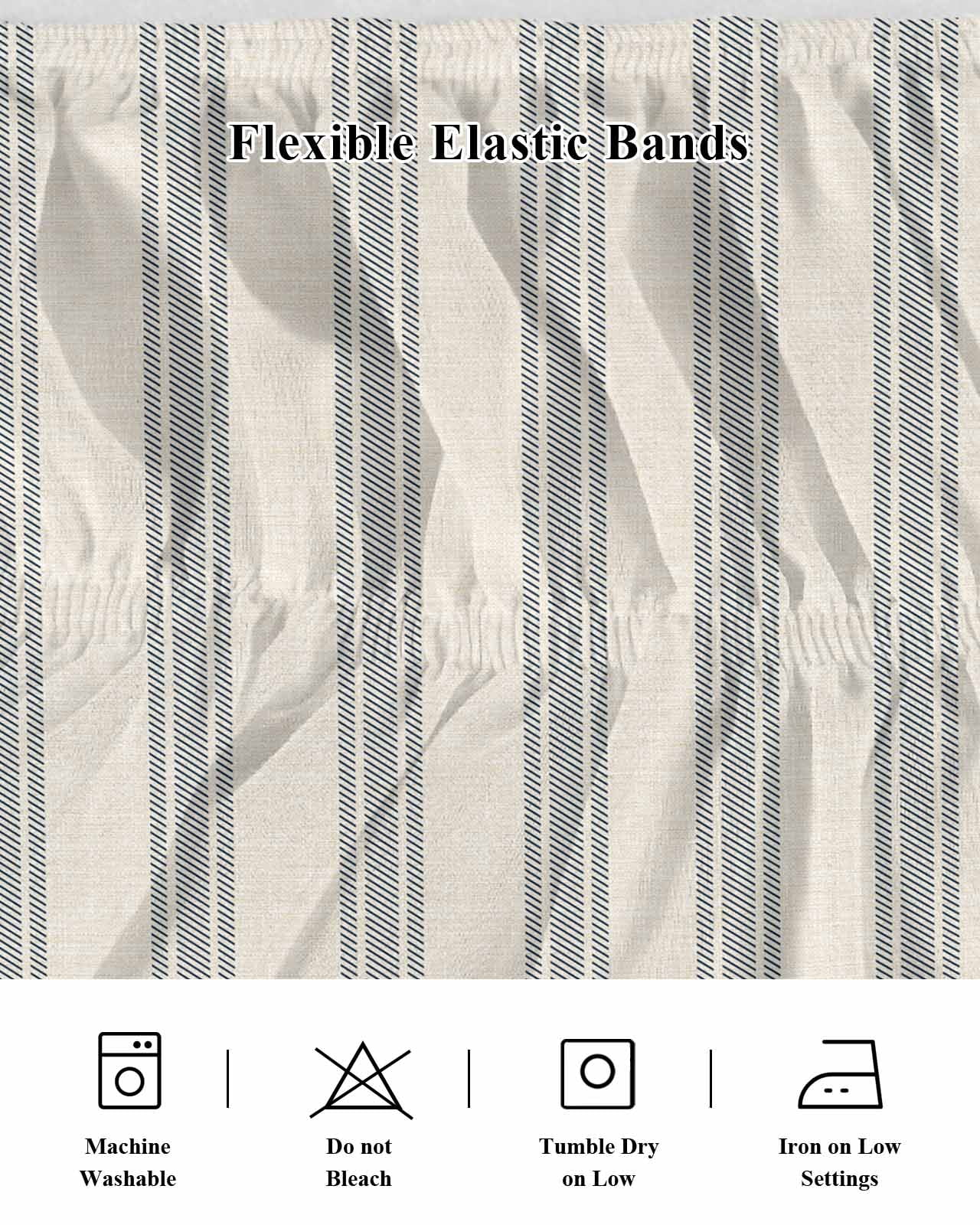 Blue Striped Bed Skirt Queen Size, Modern Farmhouse Stripes Rustic Wrap Around Bed Skirting with Adjustable Elastic Strap, Dust Ruffle Pleated Bedskirts 16 Inch Drop for Bedroom Queen Beds