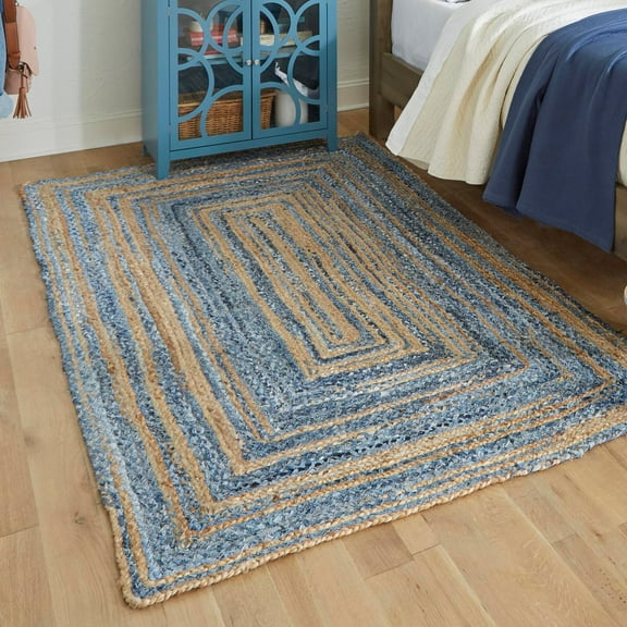 Unique Loom Braided Chindi Collection Area Rug (9' x 12' Rectangle Blue and Natural/Natural)