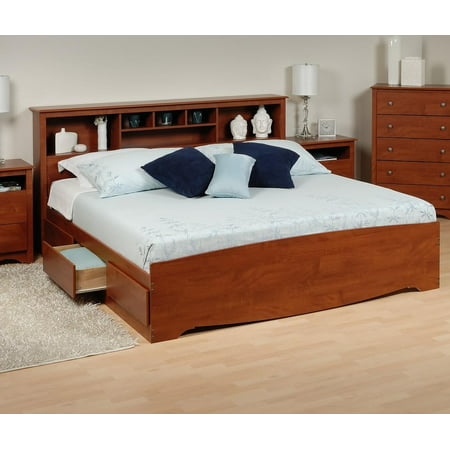 Platform Storage Bed w\/ Bookcase Headboard-Bed Size: King, Color: Cherry
