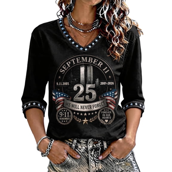 Never Forget 9/11 V Neck Tops for Women Retro Memorial T-Shirts 2001-2026 25TH Anniversary Patriot Day Honor Faith Hope Shirt, 2XL