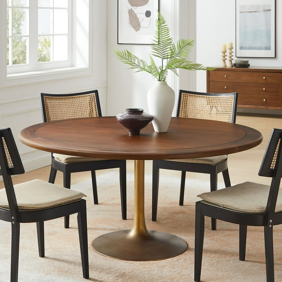 Modway Lippa Dining Table with Powder-Coated Metal Pedestal Base in Brass Walnut