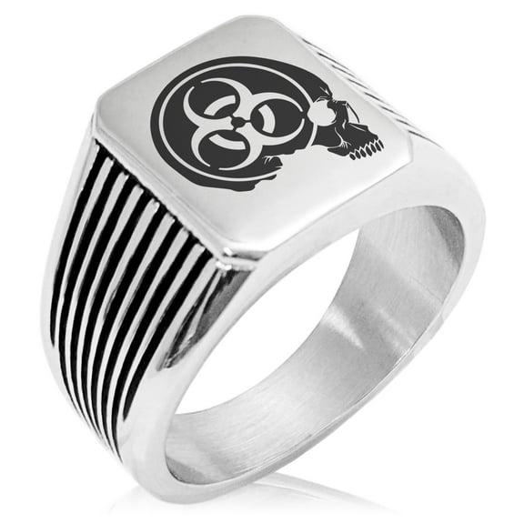 Stainless Steel Biohazard Skull Zombie Needle Stripe Pattern Biker Style Polished Ring