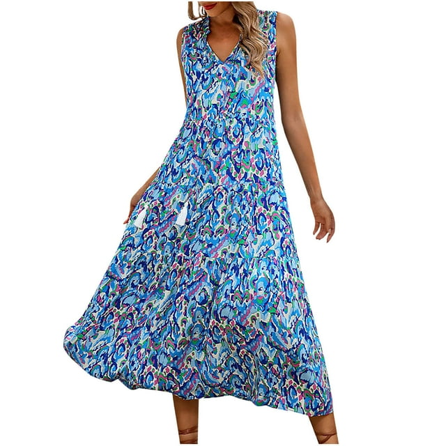 VEKDONE Robe d'Été pour Femme à Imprimé Floral, Col en V, Sans Manches, à Franges, Ample et Confortable, Bleu, P
