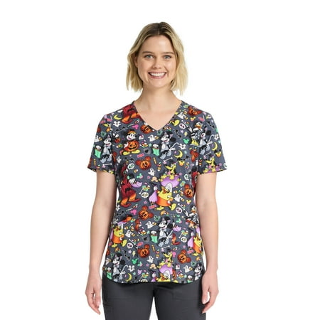 Disney Mickey Mouse and Friends Candy Fun Women's V-Neck Print Scrub Top, Sizes XS-3XL