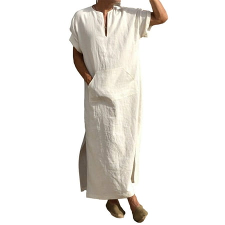 

JBEELATE Men s Ethnic Robe Linen Loungewear Thobe Long Gown V-Neck Short Roll-up Sleeve Kaftan