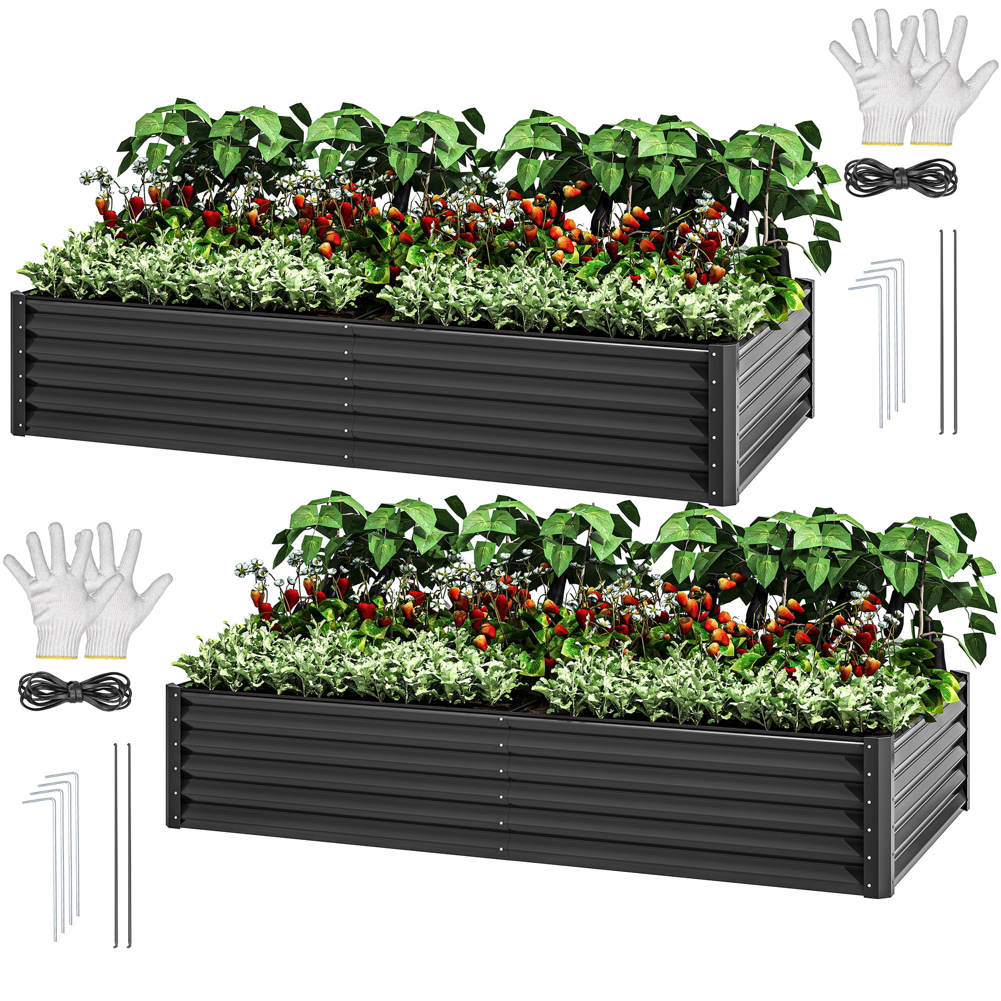 Uforic 2 Pack 8x4x1.5 ft Black Large Galvanized Raised Garden Bed Kit, Metal Planter Box with Gloves, Ground Nails & Support Rod, Outdoor Above-Ground Planter for Plants, Vegetables, and Flowers