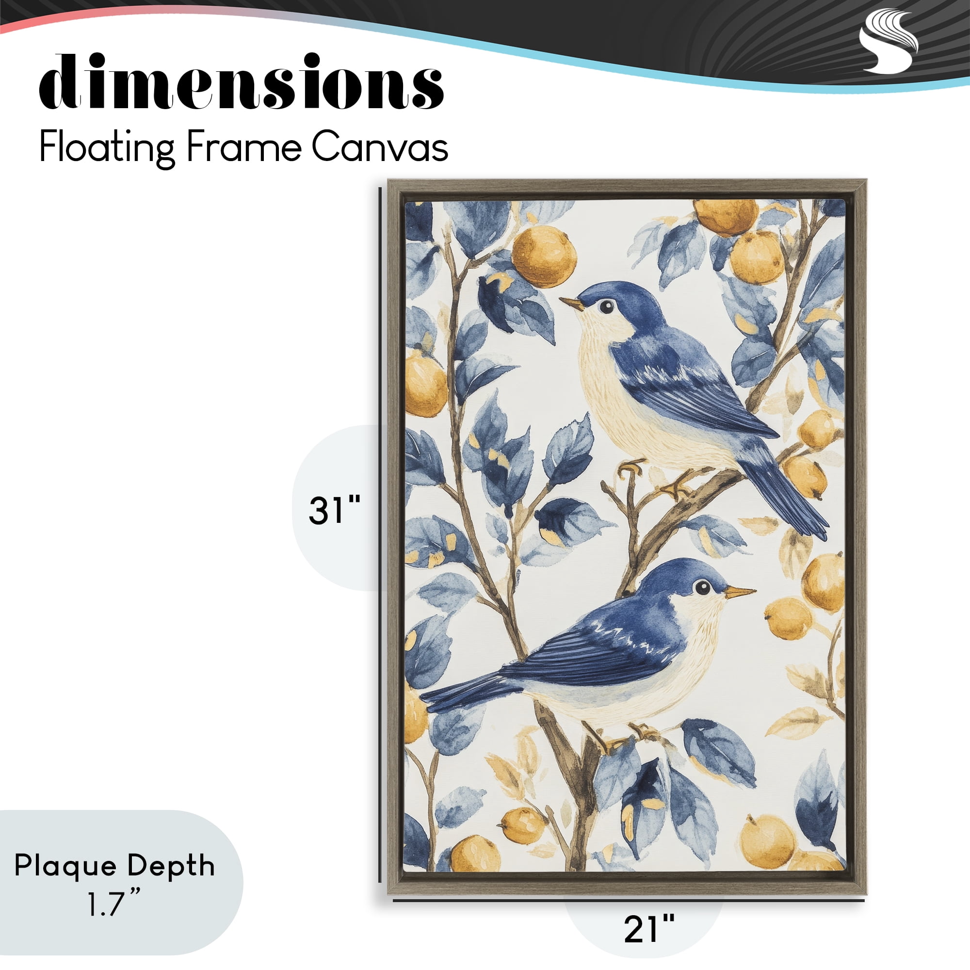 Stupell Industries Sweet Blue Birds on Lemon Branch Brown Framed Floater Canvas Wall Art, design by Petal Prints Design