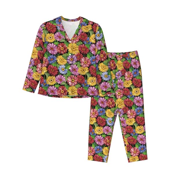 Fotbe Daisies Flowers Conjunto de Pijama de Manga Larga para Mujer con Estampado, Ropa de Dormir de 2 Piezas, Conjunto de Casa Suave y Cómodo con Bolsillos-Large
