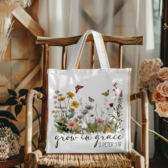 Christian Gifts Canvas Tote Bag Aesthetic for Women, Grow in Grace Wildflowers Butterfly Design, Religious Birthday Gifts Reusable Grocery Shopping Bags