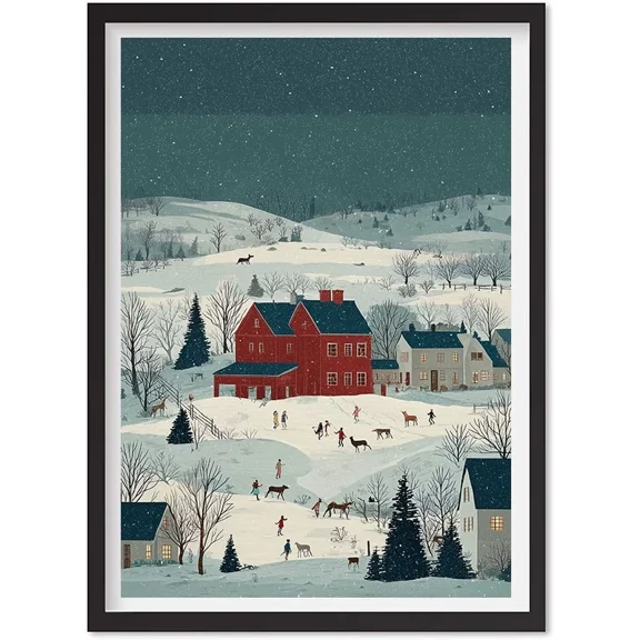 Scandinavian Christmas Village Wall Art, Cozy Nordic Winter Prints, Reindeer, Matte Canvas Stretched, Posters for Room Bedroom Living Room Bathroom Wall Decor, Posters & Art Prints, Gift.