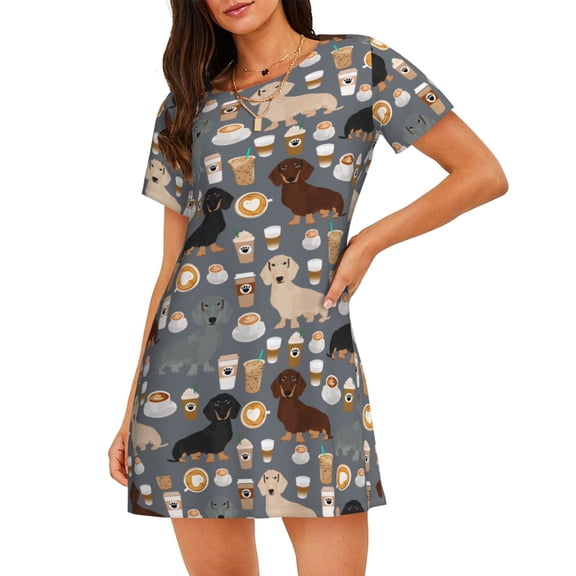 Dachshund Dog And Coffees Pattern Women'S Nightgown Sleepwear Short Sleeves Nightshirt Loose Comfy Pajama Medium