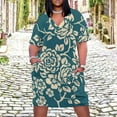 thumbnail image 2 of Elegant Teal Rose Floral Pattern Summer Sundress for Curve Women Casual Pattern Plus Size V Neck Short Sleeve Loose Fit Oversize Dresses, 2 of 5