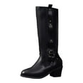 thumbnail image 5 of Black Knee High Boots Women Wide Calf Vintage Leather Stacked Heel Zipper Strappy Long Winter Riding Booties, 5 of 6