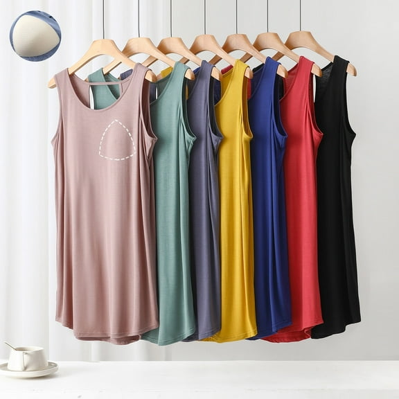 Womens Nightdress Sleepwear New Summer Pajamas for Women Sleeveless Sleepdress with Built in Bra Casual Round Neck Nightgowns Sleepwear New Gray L
