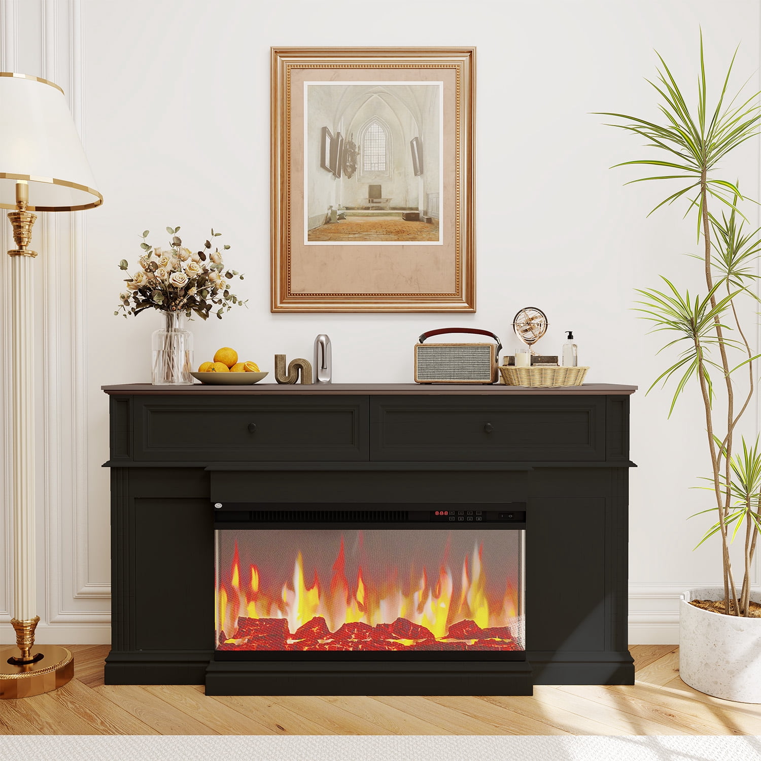 BaPiPro Fireplace TV Stand with 3D Flame Electric Fireplace Heater for up to 75" TV, Farmhouse Entertainment Center with 36″Fireplace for Living Room, White