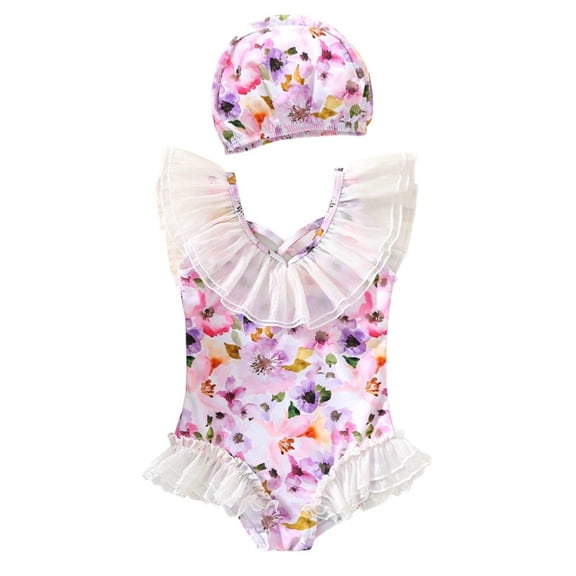 MEZZALL Swimwear Girls Swimsuit With Lace Collar Toddler Bathing Suit For Baby Water Play Summer With Cartoon / Flower Print Beachwear
