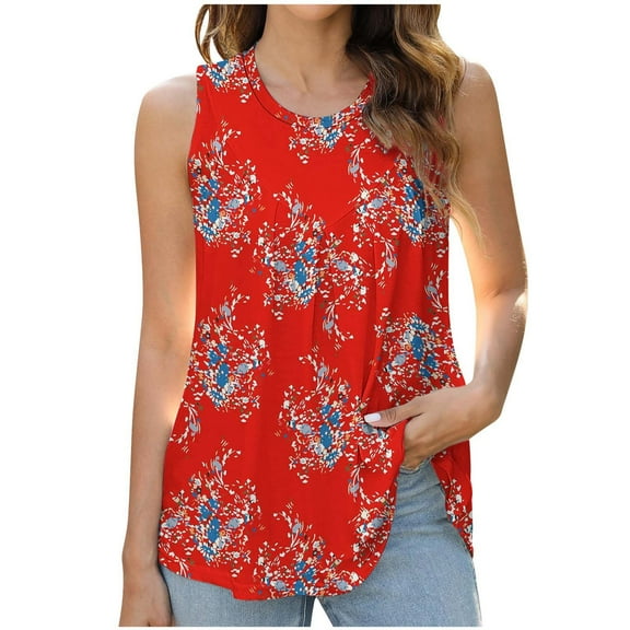 Lovskoo Tank Tops for Women Round Neck Summer Sleeveless Printed Pullover Trendy Casual Top Red L