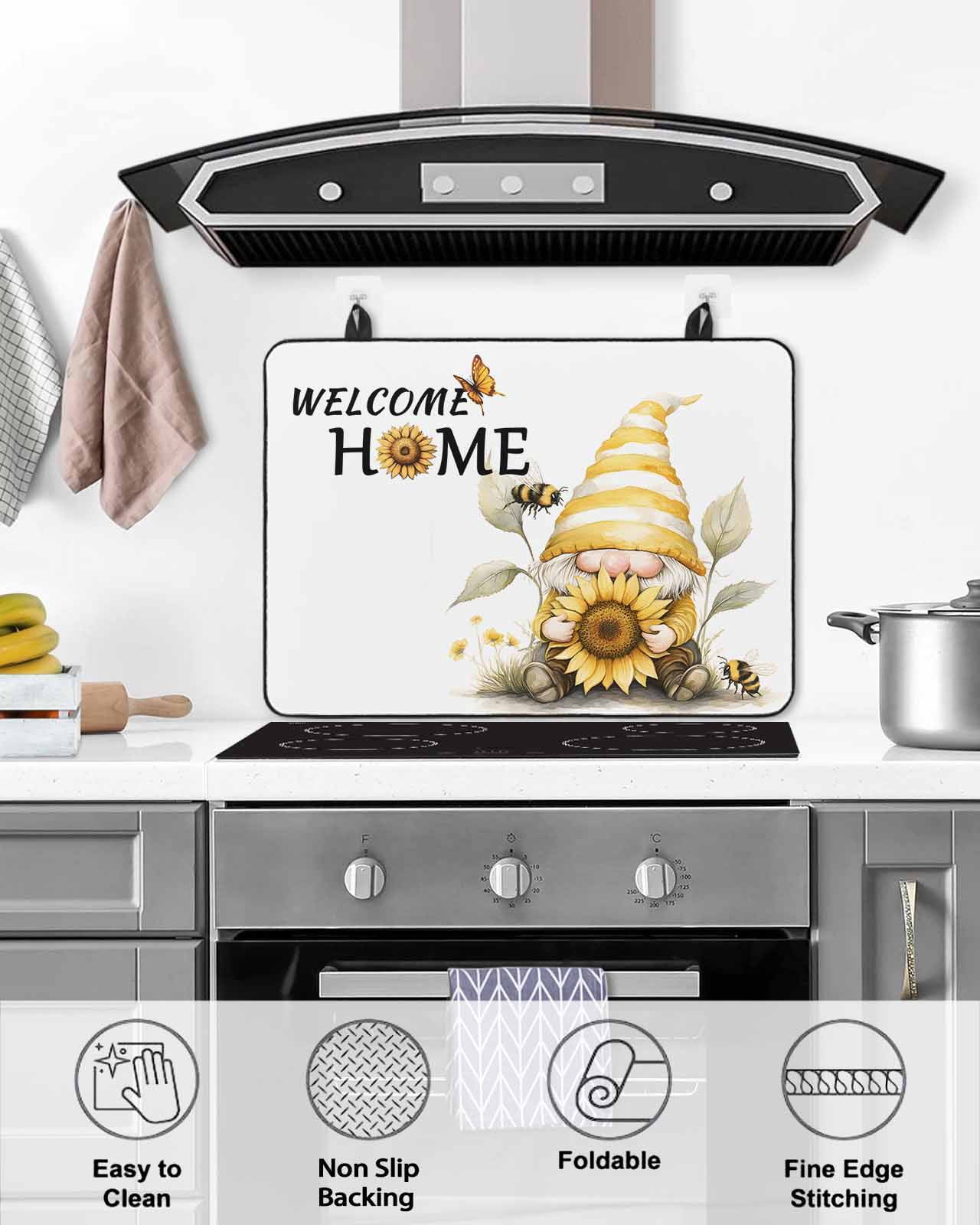 nqOlkjepod Large Induction Cooktop Protector Mat 28.5"x20.5", Yellow Sunflower Stove Top Covers for Electric Stove, Gnomes Vintage Bee Butterfly Art Stove Burner Cover Mats, Glass Top Stove Cover