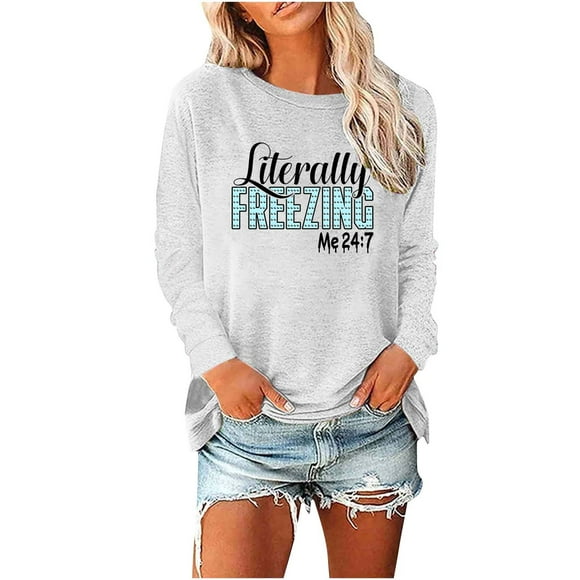 Hooded and Blouse Georges Womens Tops Winter Women's Round- Neck Christmas Printing Recreational Long Sleeve Top