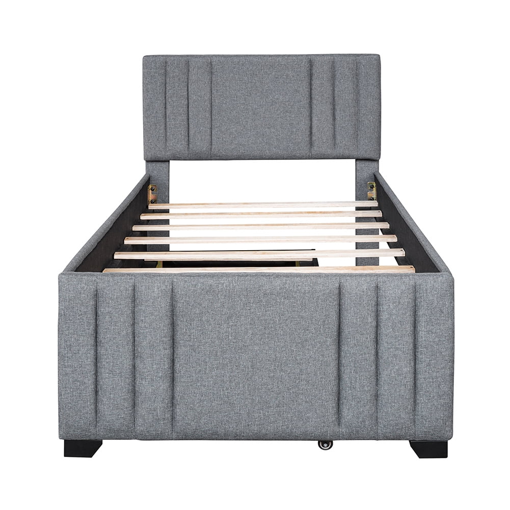 Kadyn Double Upholstered Platform Bed with Rollers, Modern Bedroom Twin, Grey Kadyn Double Upholstered Platform Bed with Rollers, Modern Bedroom Twin, Grey